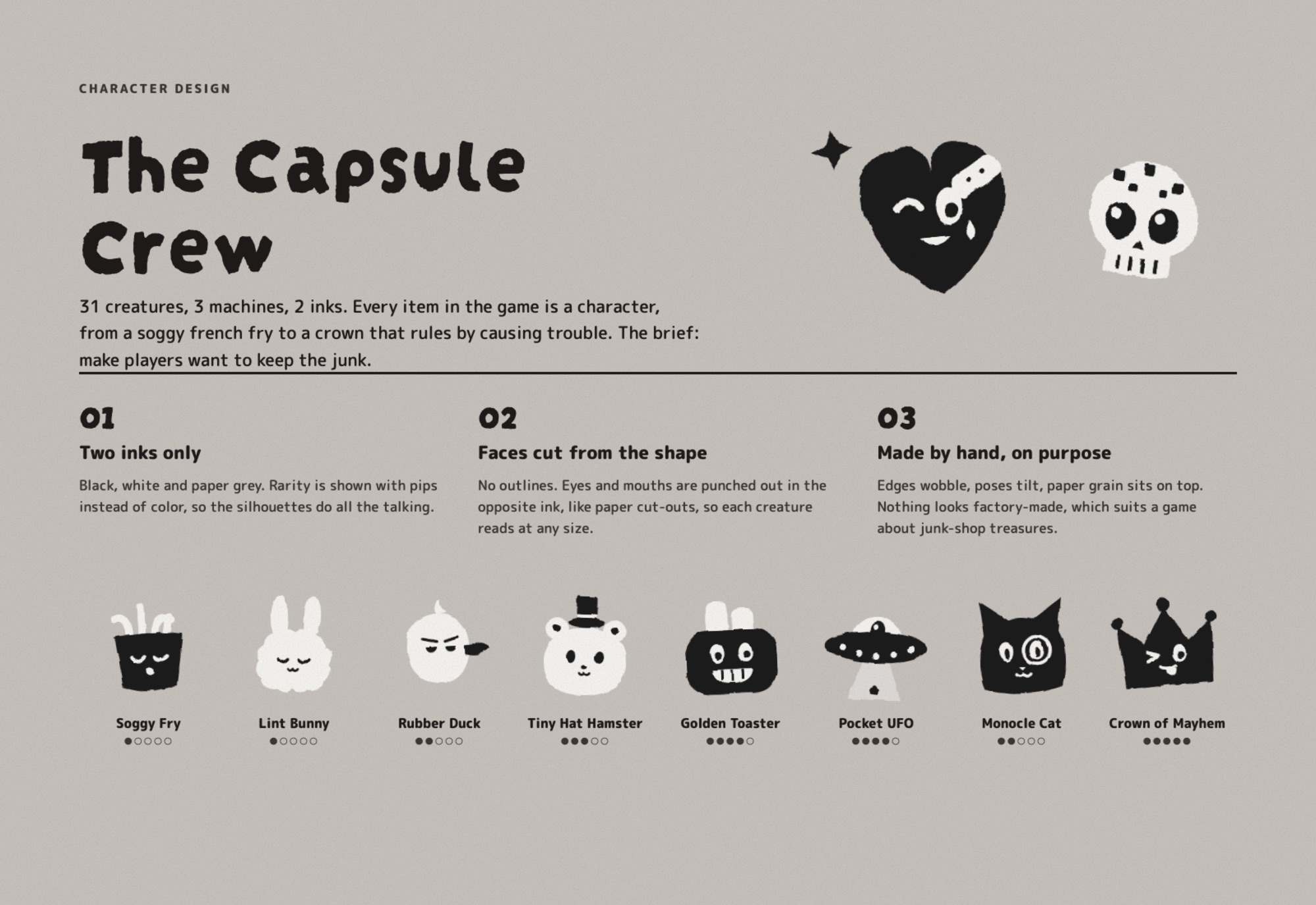 Character design board titled The Capsule Crew, showing eight black and white creatures from Soggy Fry to Crown of Mayhem, each with rarity pips, above three design principles.