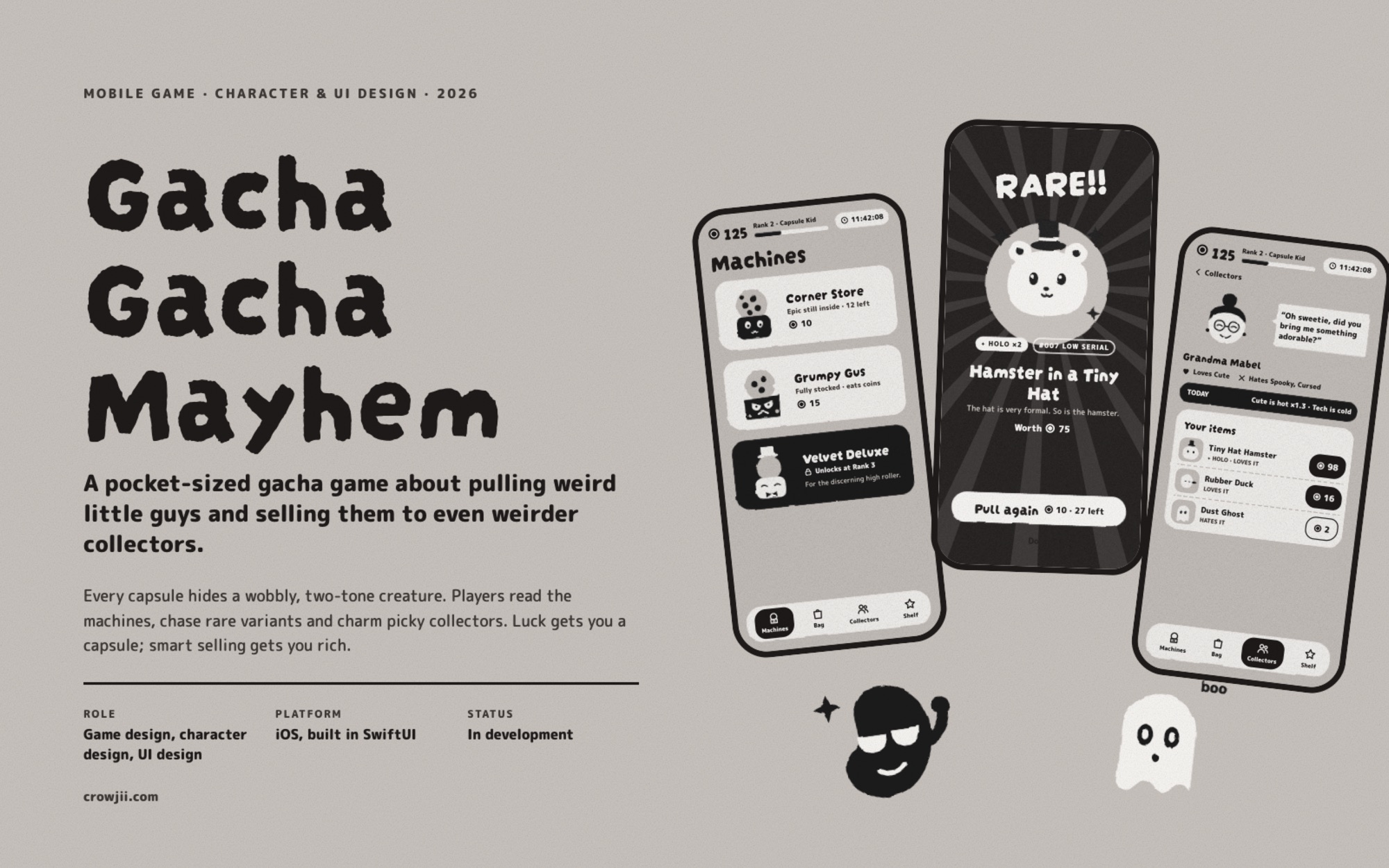 Gacha Gacha Mayhem cover: three phone screens showing the Machines list, a RARE!! pull of a hamster in a tiny hat, and a collector named Grandma Mabel, with hand-drawn black and white creatures around them.
