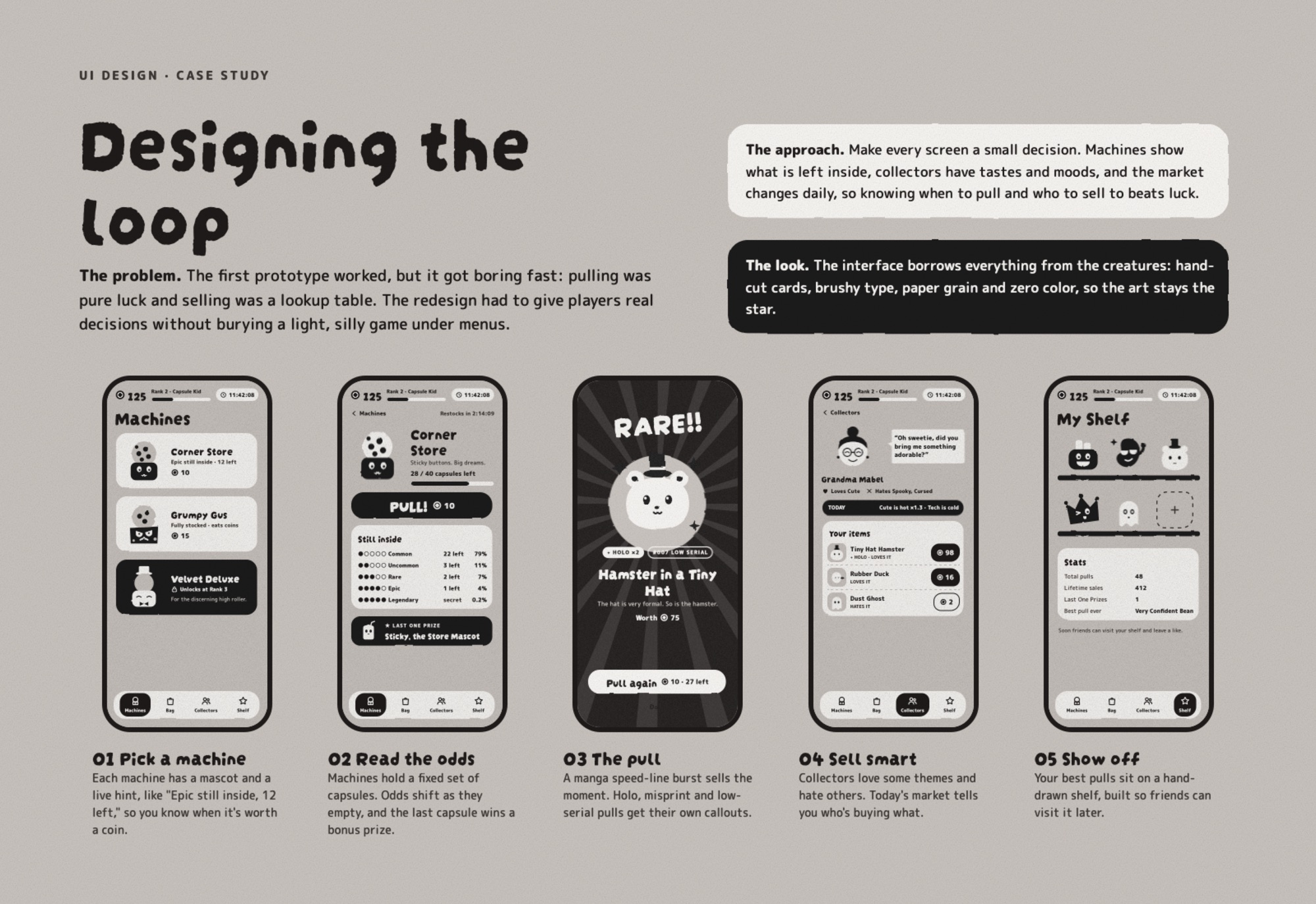 UI case study board titled Designing the Loop, showing five phone screens in order: pick a machine, read the odds, the pull, sell smart, and show off.