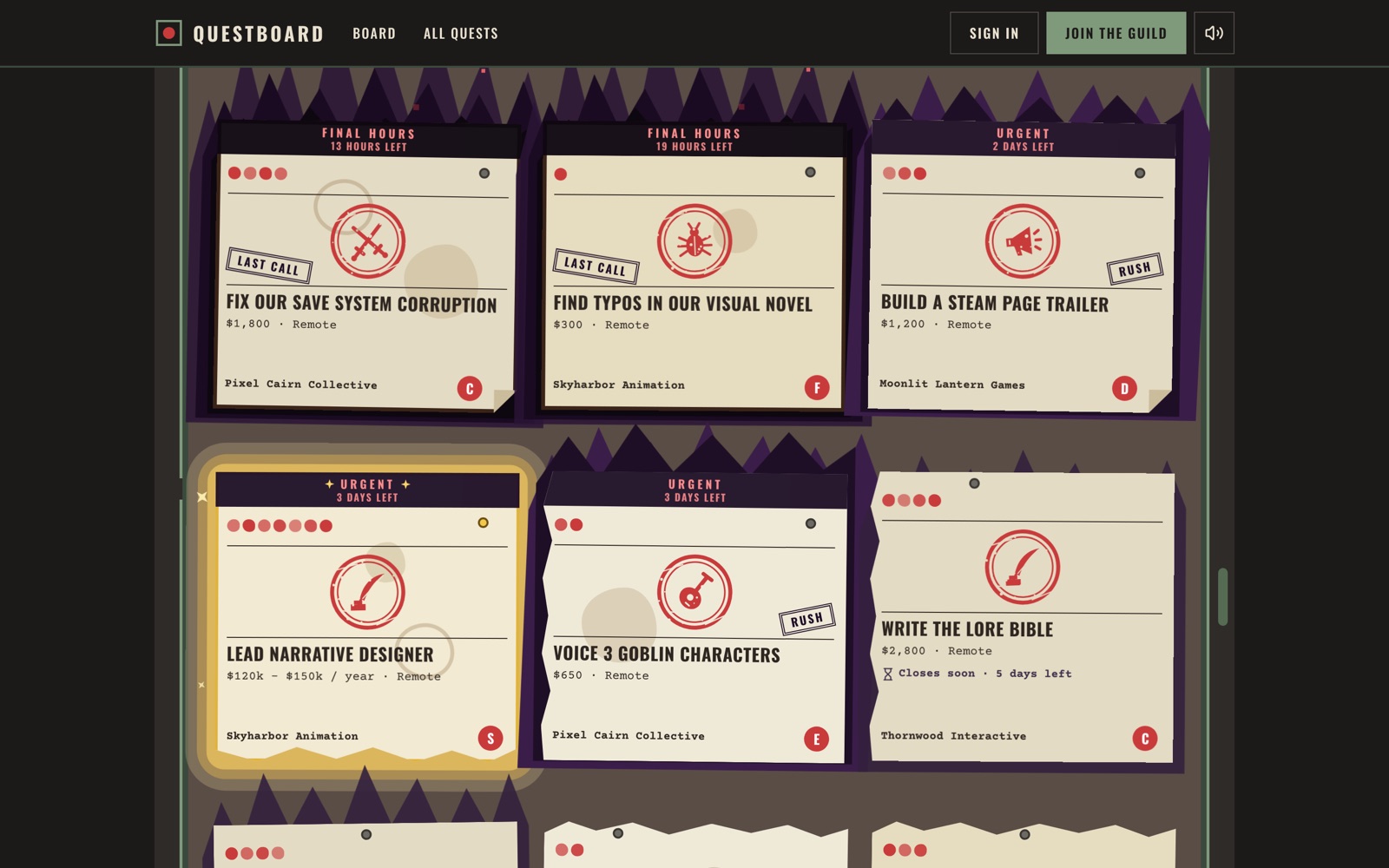 A grid of quest notices, the first ones wrapped in dark flame auras.