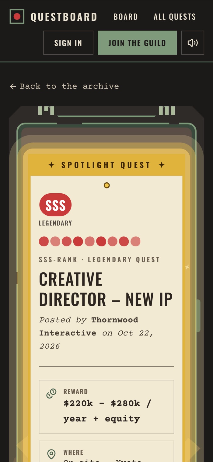 A quest page on a phone screen with a gold glowing notice.