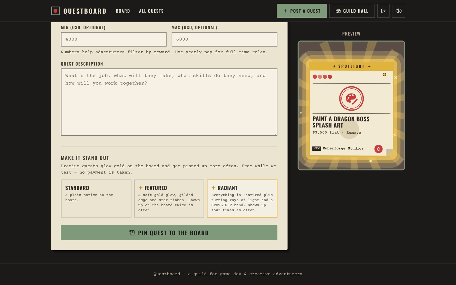 A posting form with Standard, Featured and Radiant tier options beside a glowing notice preview.