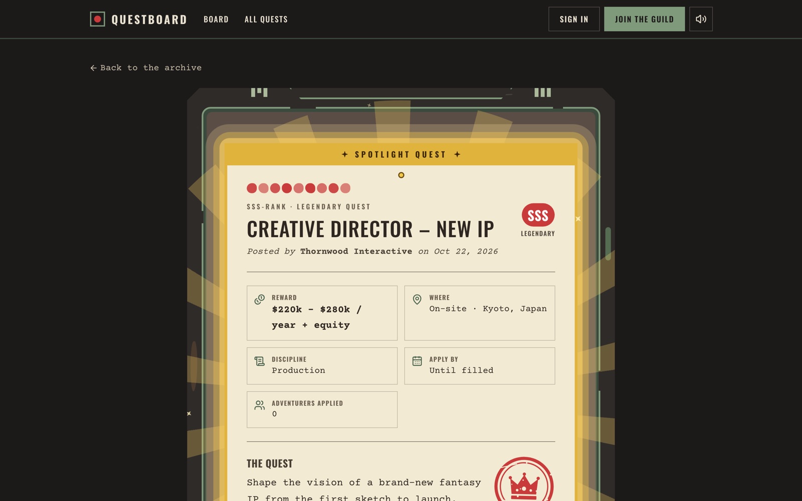 A full quest page showing reward, location and description on a gold-edged notice.