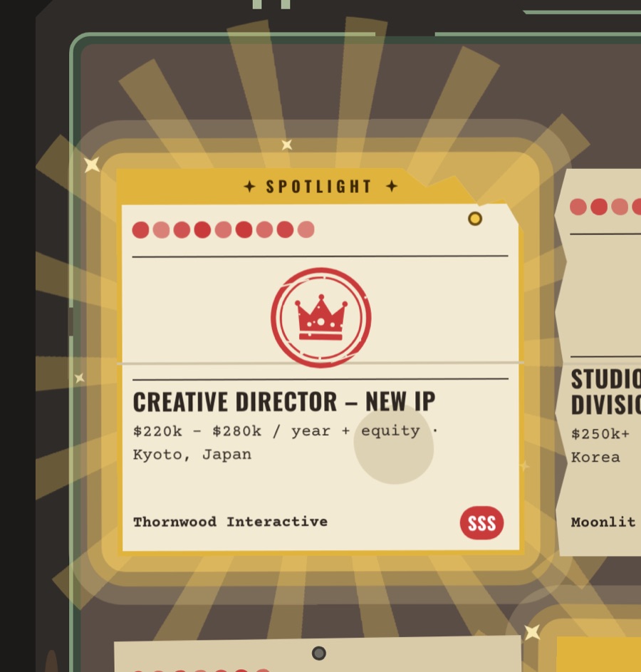 A gold-edged notice for an SSS-rank Creative Director role, glowing with gold rays and sparkles.